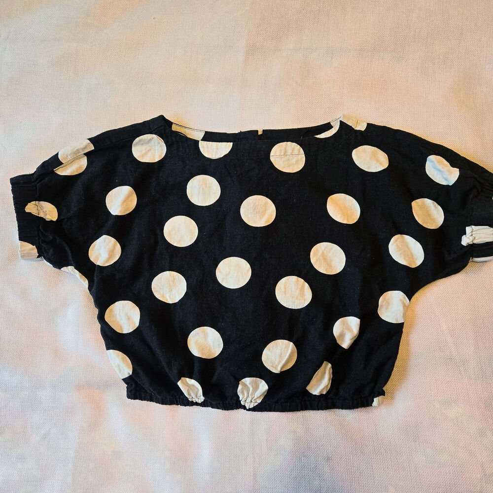 Sz XXS TABITHA BROWN FOR TARGET Linen Rayon Blend Black Dot Crop Button Back Top